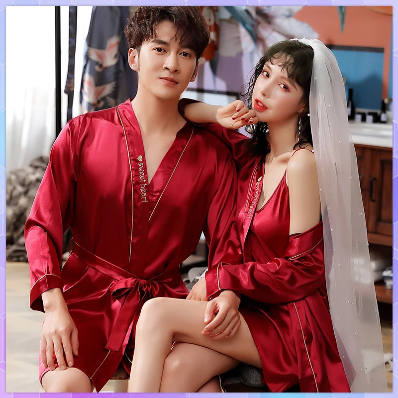 3pcs Women Robe Set Nightgown Silk Couple Bathrobe Pajamas Nightdress Summer Men's Long-Sleeved Bathrobe Autumn Plus Size