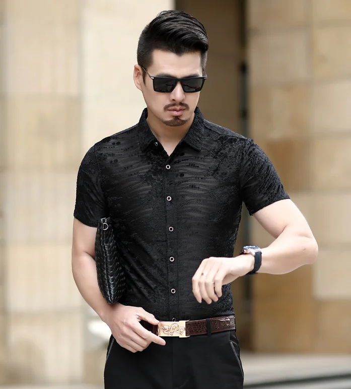 Sexy Mens Lace Shirt Transparent See Through Mesh Club Party Shirt Male Summer Leisure Hollow Out Short Sleeve Shirt