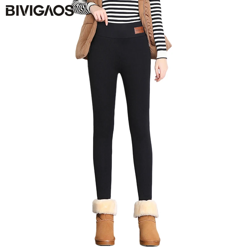 BIVIGAOS – Leggings chauds en cachemire pour femme, pantalon d\'hiver en velours épais, taille haute, étiquette à la mode, noir