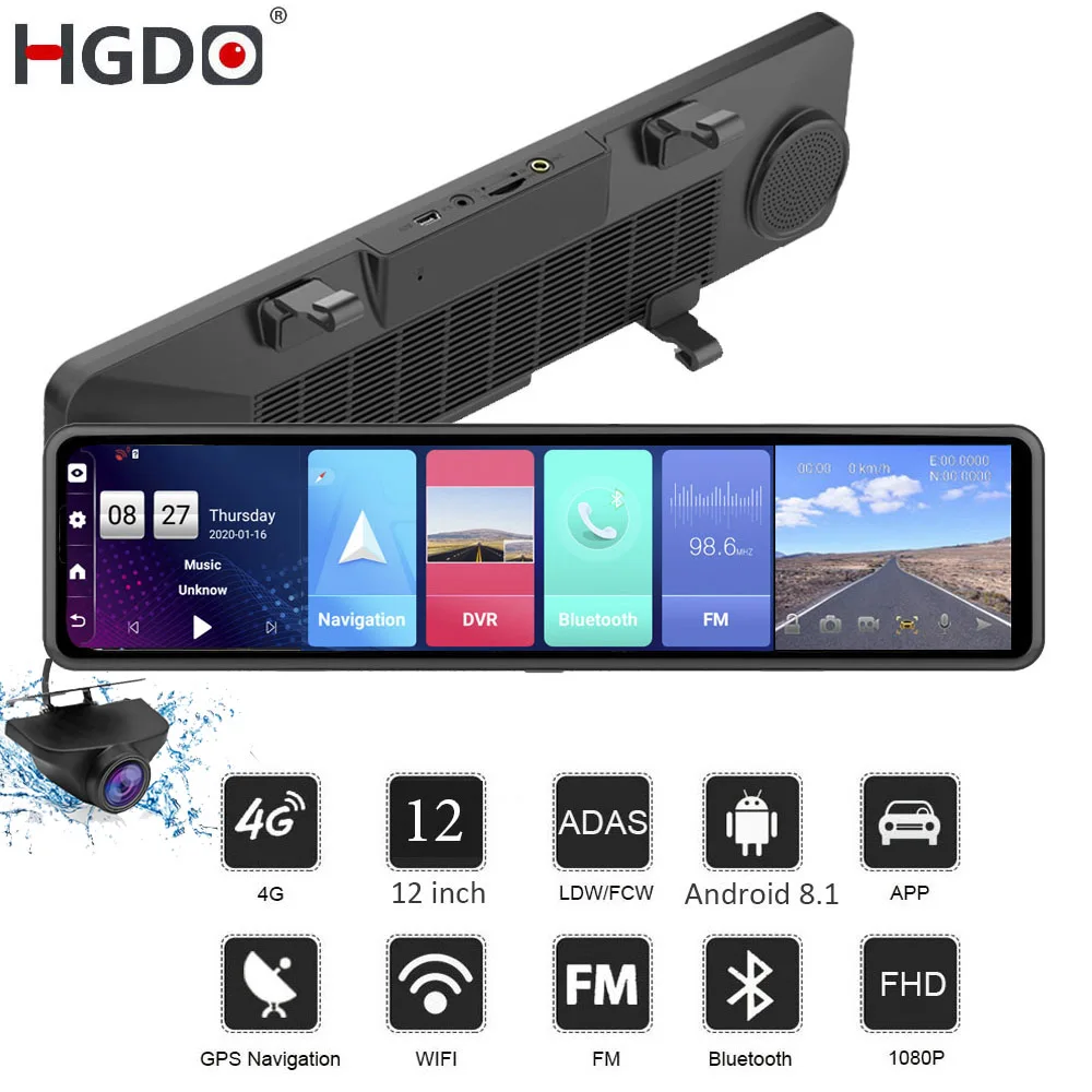 2020 HGDO 12\'\' 4G Car DVR Android 8.1 ADAS Rear View Mirror Camera FHD 1080P WiFi GPS Dash Cam Registrar Video Recorder 2G+32G