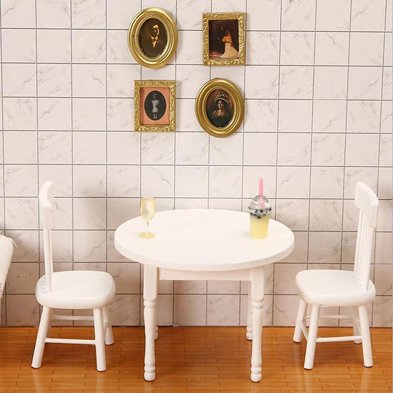 1/12 Dollhouse Miniature Furniture White Wooden Dining Table Chairs Model Toys Doll House Restaurant Decoration Toy Accessories