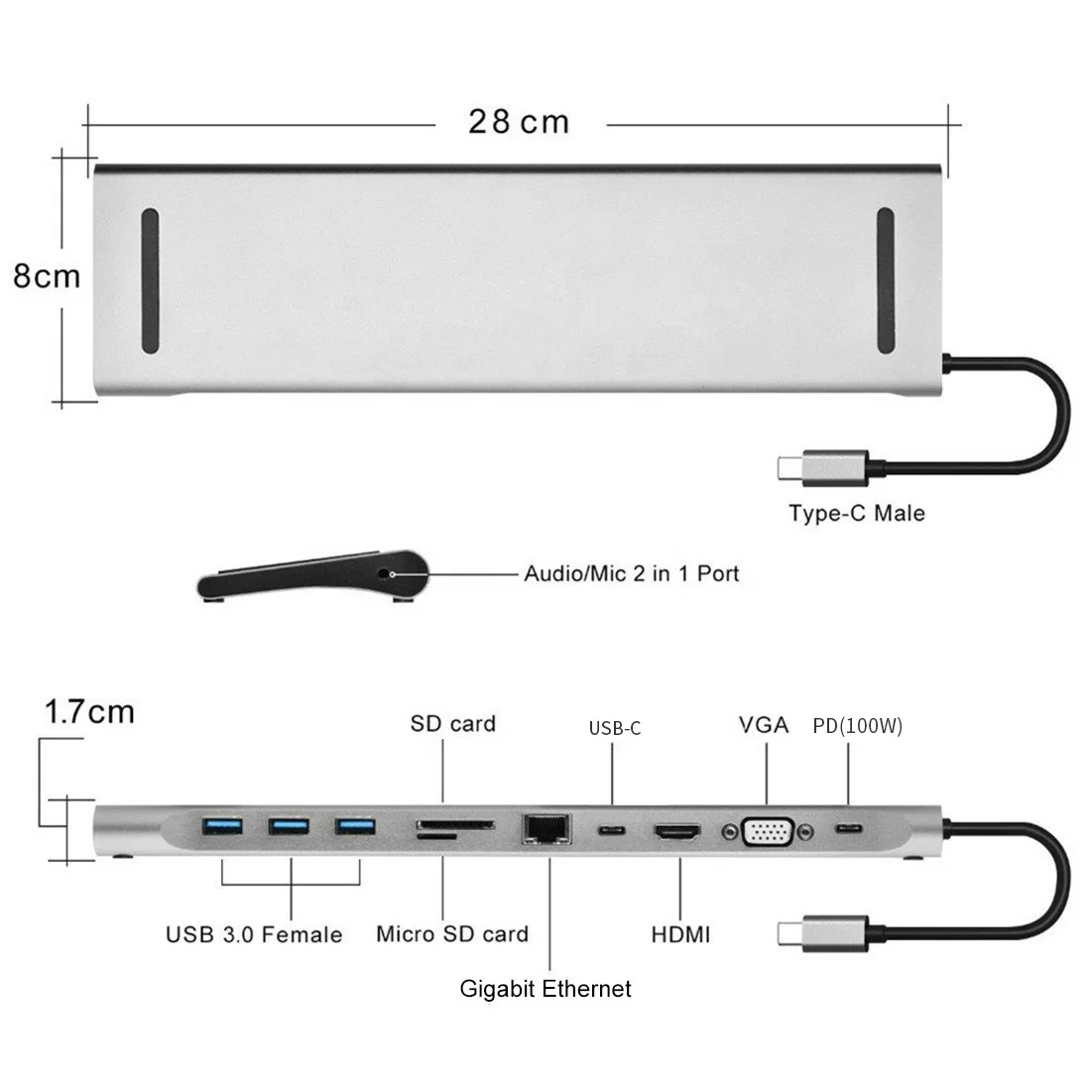 

Док-станция для ноутбука 11 в 1, USB C, HDMI, VGA, Ethernet, 100PD, 3 USB 3,0