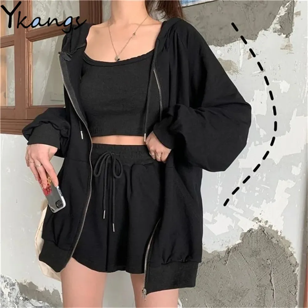 Women Summer Sports 3pcs Set Hooded Solid Casual Zipper Jacket+Short Halter Top+High Waist Drawstring Shorts Plus Size 2XL Suit