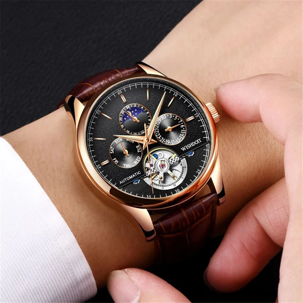 WISHDOIT uomo Sport tempo libero orologio da polso moda uomo luminoso impermeabile orologio meccanico automatico in pelle Relógio Masculino