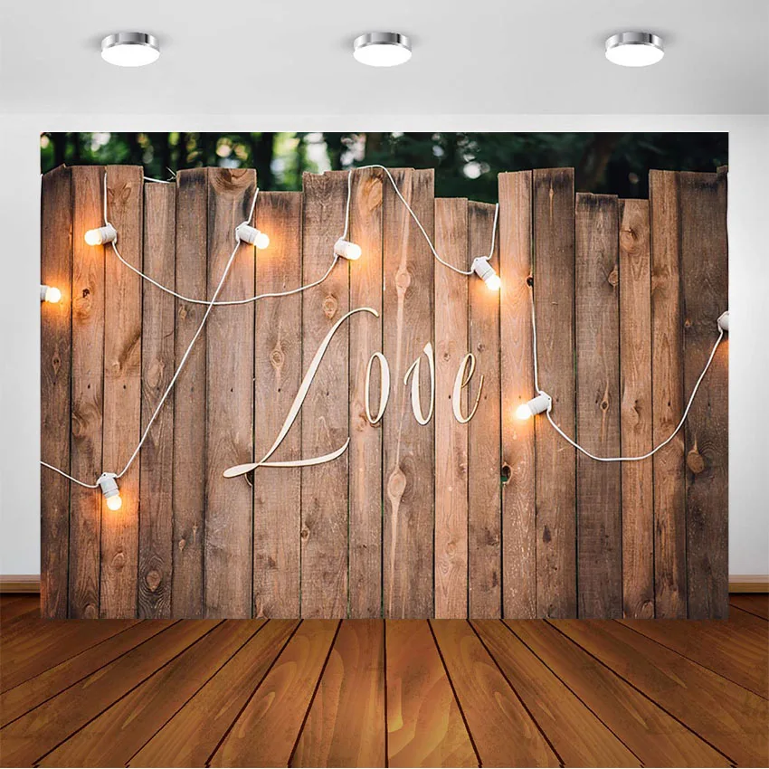 

Spring Rustic Wedding Wooden Wall Photography Backdrops Light Bulb Love Wedding Party Photo Background Photo Studio Photocall