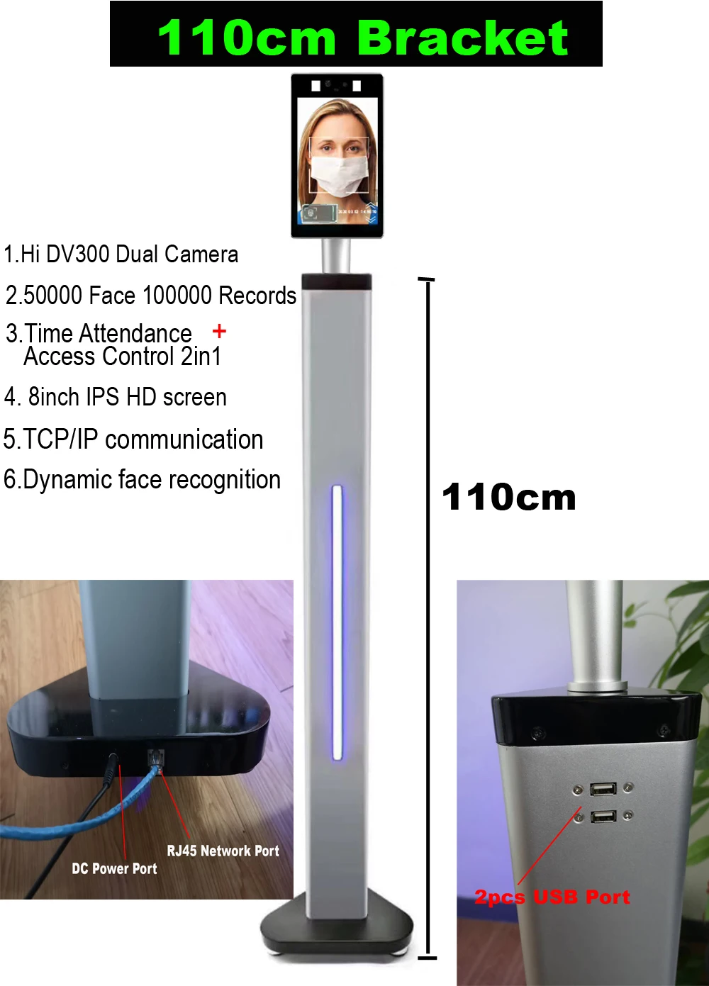 8 inch TCP/IP Dynamic face recognition Thermal time attendance access control 2.0 MP camera 50000 faces temperature detection
