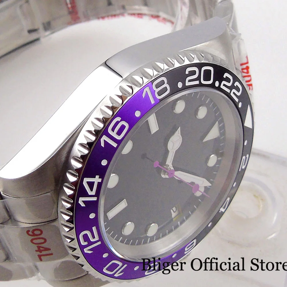 BLIGER Black Purple Insert  NH35A 40mm Automatic Men Watch Glide Lock Clasp Luminous Hand Business Wristwatch Sapphire