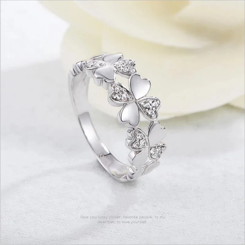 Trendy Silver 925 Sterling Rings Female Bridal Wedding Accessories Trendy Zircon Clover Ring For Women Jewelry Charm Girls Bijou