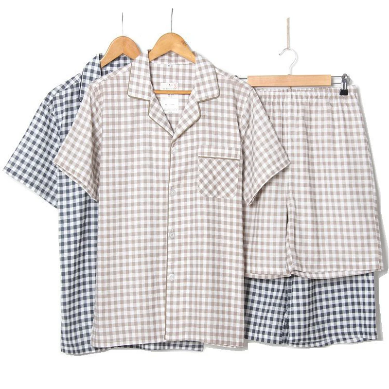 Summer Cotton Short Sleep Tops + Shorts for Man Plaid Pajamas Sets High Quality pyjama homme conjuntos de pijama Free Ship