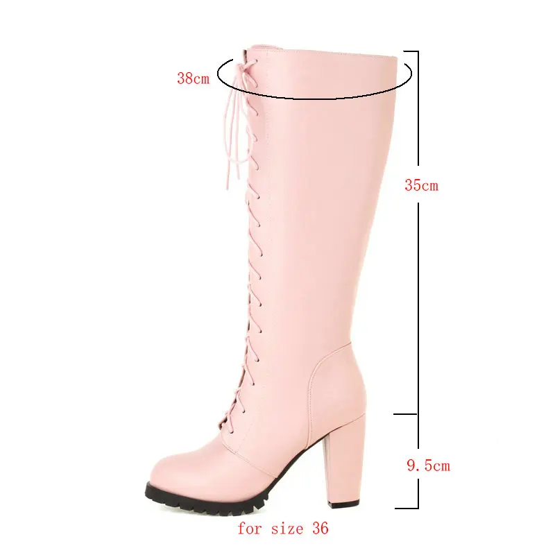 Plus Size 43 Women Knee High Boots Square High Heel Round Toe Ladies Calf Boots PU Leather Cross Tied Women\'s Boots Black Pink