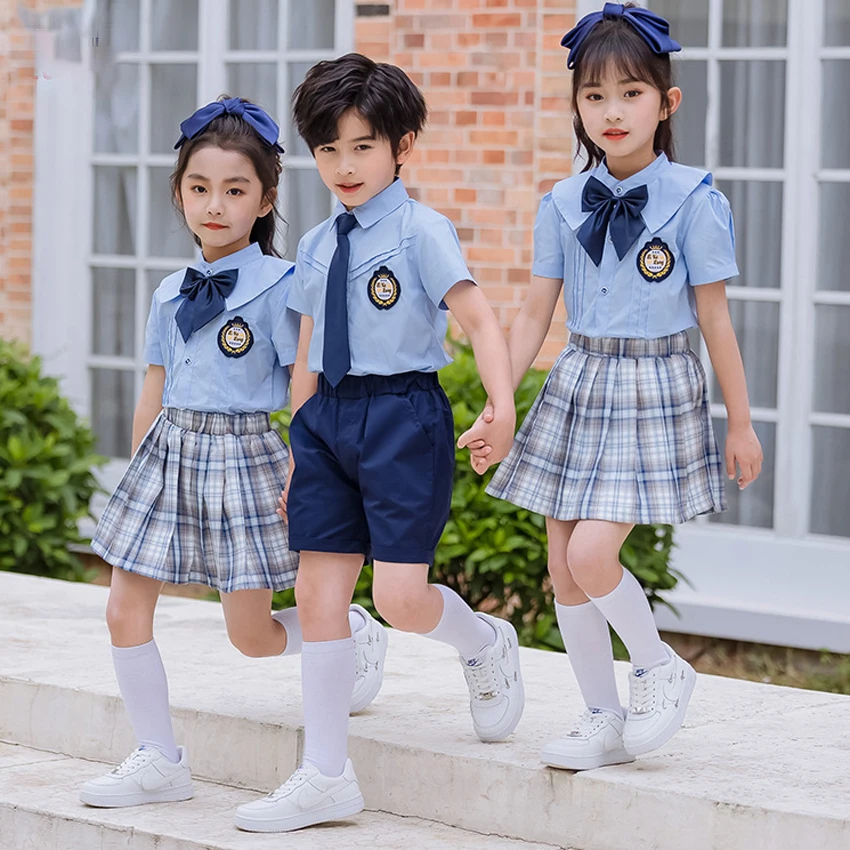 Anime Cosplay Kostuum School Uniformen Student Kids Meisjes Jongens Primaire Kleding Plaid Rokken Stadium Kostuums Blauw Shirt Matrozenpakje