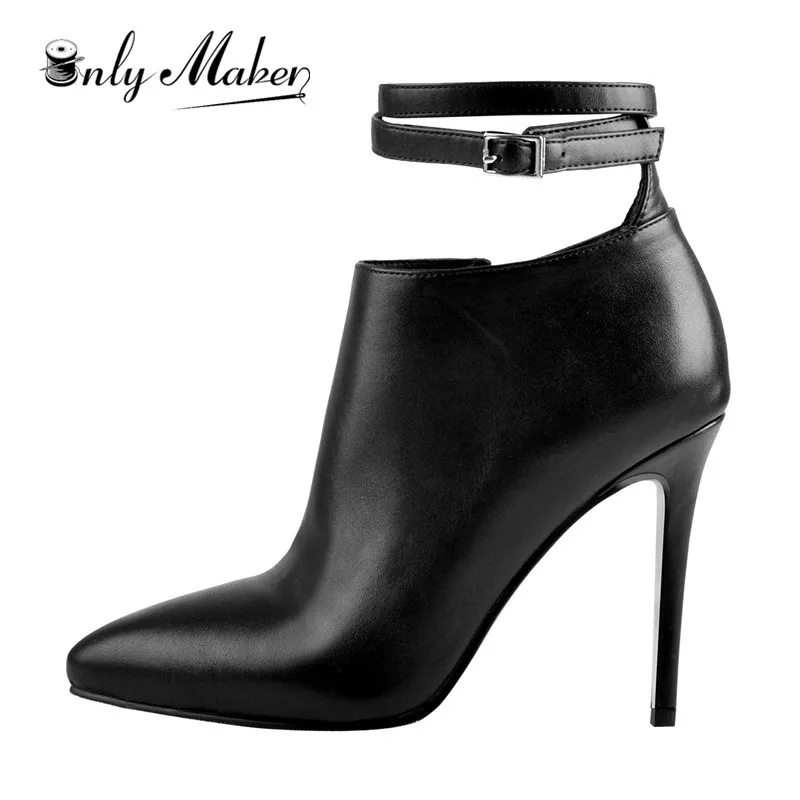 Onlymaker Women 10CM Ankle Strap Point Toe Heeled Boot Matte Patent Leather Side Zipper Booties Plus Size Heels