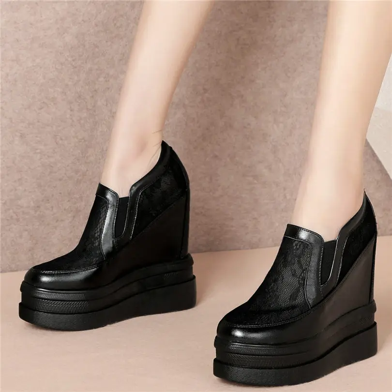 Black White Women Cow Leather Platform Wedges Sports Sandals Summer Breathable Super High Heel Pumps Round Toe Fashion Sneakers