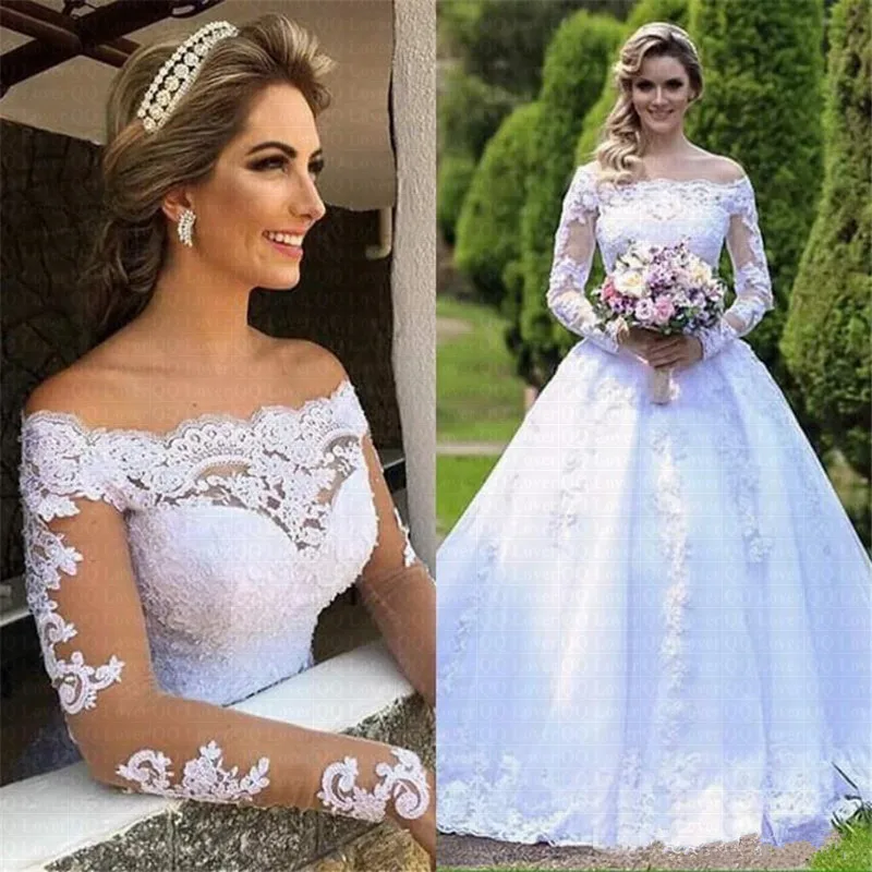 Vestidos De novia elegantes De encaje De princesa, Vestidos De novia De manga larga con hombros descubiertos y cuentas con apliques