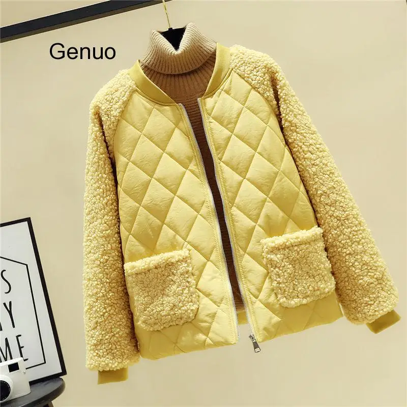 

Yellow Patchwork Parkas Fashion New Women Plush Casual Lambs Thicken Loose Cashmere Stitching Jacket Female Casual Streetwear