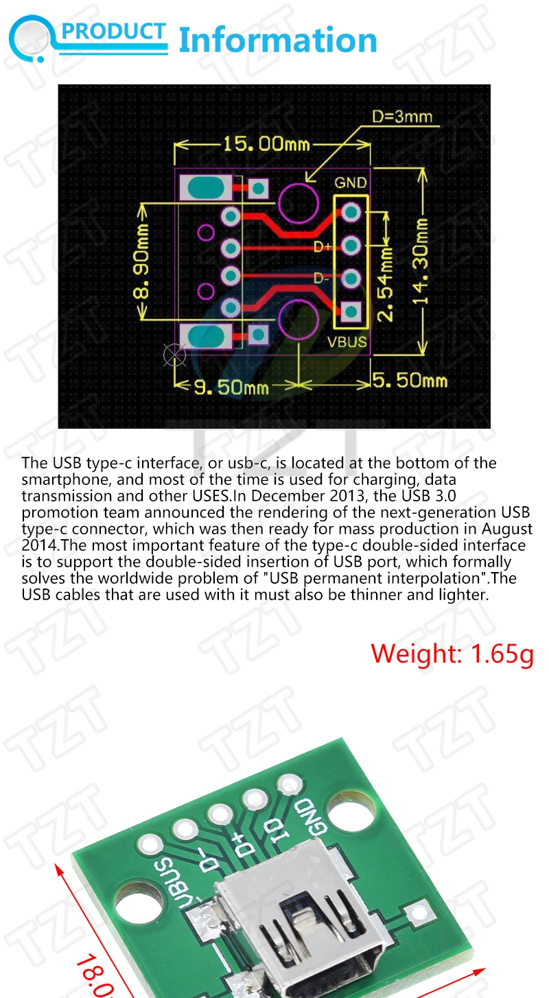 TZT USB-Stecker / MINI MICRO USB auf DIP-Adapter, Buchse 2,54 Stecker B Typ-C USB2.0 3.0 Buchse Konverter – Detail 1