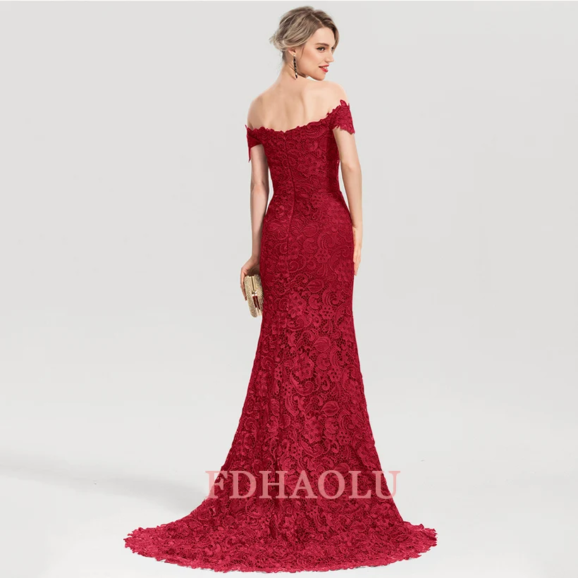 AE06 Burgundy Mermaid Evening Dresses Long Lace V-Neck Elegant Formal Party Gowns Vestidos Formatura Longo