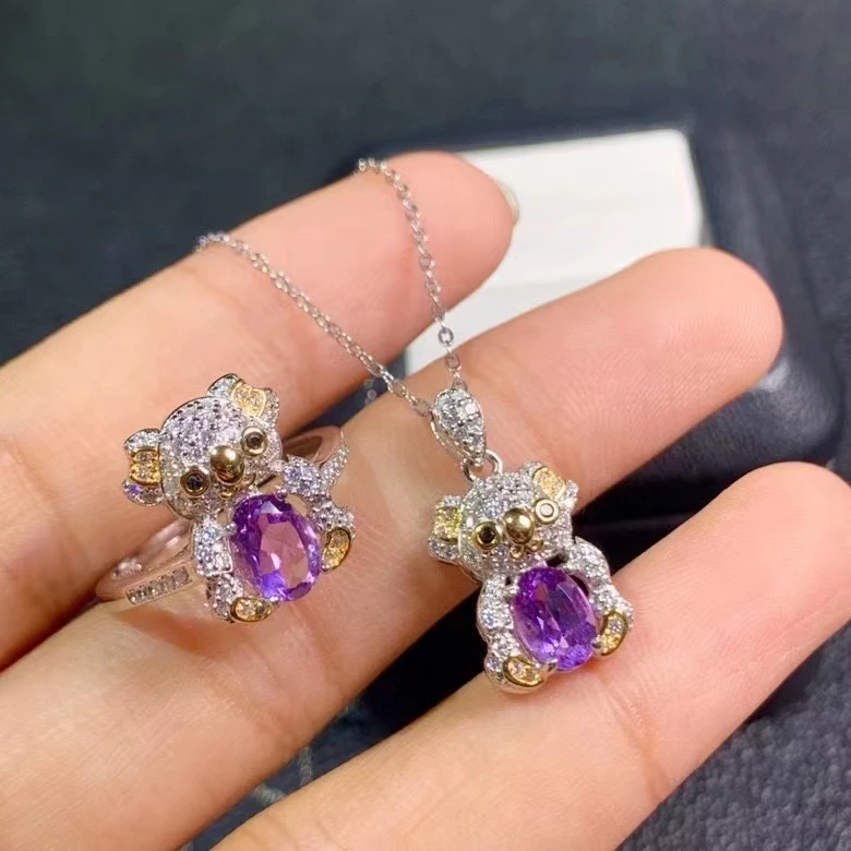 

Lovely Animal style Amethyst Jewelry Set Including Ring Necklace for Women Natural Gem 925 Silver Good Gift