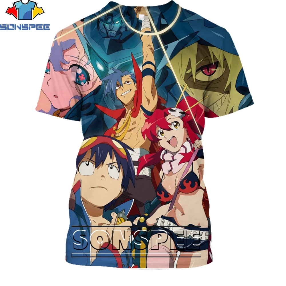 SONSPEE Sci-Fi Anime Gurren Lagann Shirt 3D Printing Men's Women's Summer Funny Men's Harajuku Oversized T-shirt Kids Robot Mech