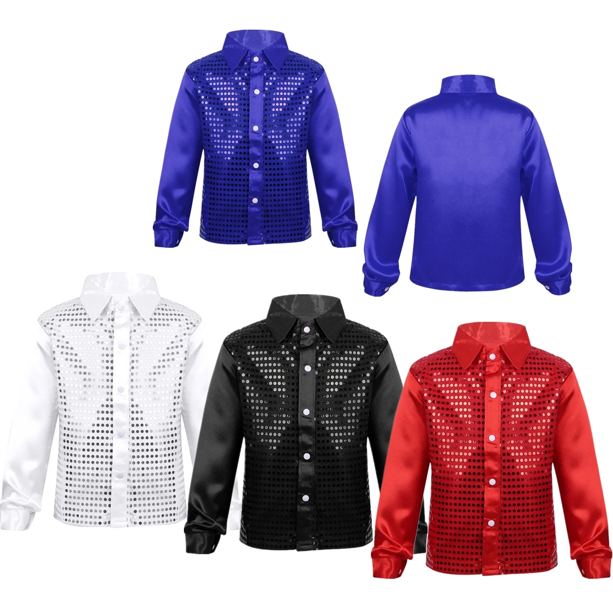 

Boys Choir Jazz Street Dance Stage Performance Costumes Glittery Sequined Long Sleeve Spread Collar Shirt Kids Stylish Clothing
