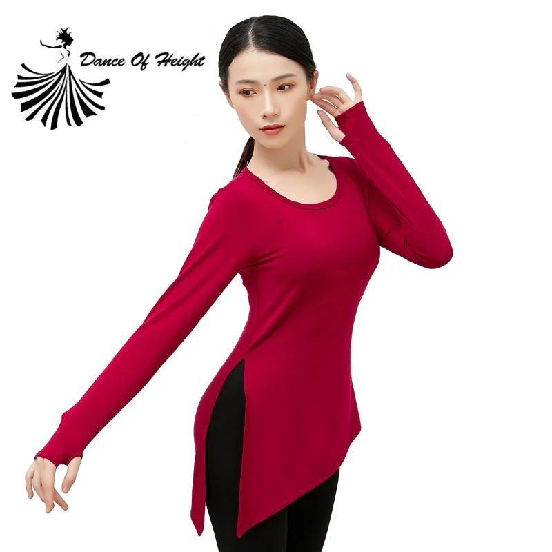 Camisa de baile clásico profesional de manga larga para mujer, ropa básica de baile moderno, Top Modal cómodo con agujero para los dedos, talla