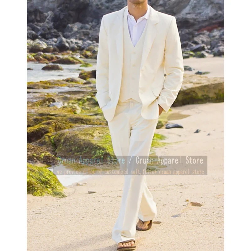 

Tailor-made New Linen Beach Wedding Suit Men Set Slim Fit Formal Ivory Bridegroom Dress Tuxedo Casual Blazer Vest Pants 3 Pieces