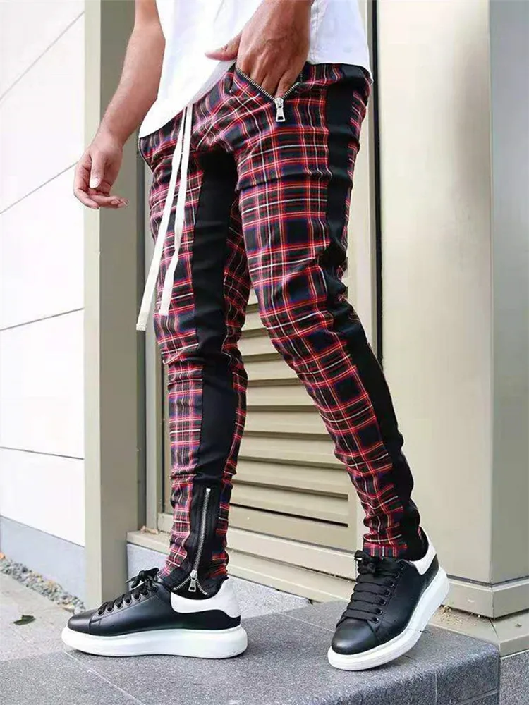 High Quality Men's  Korean Version Checked Fashion Patchwork Color Matching Small Legs Trouser Slim Casual Sports Pencil Pants