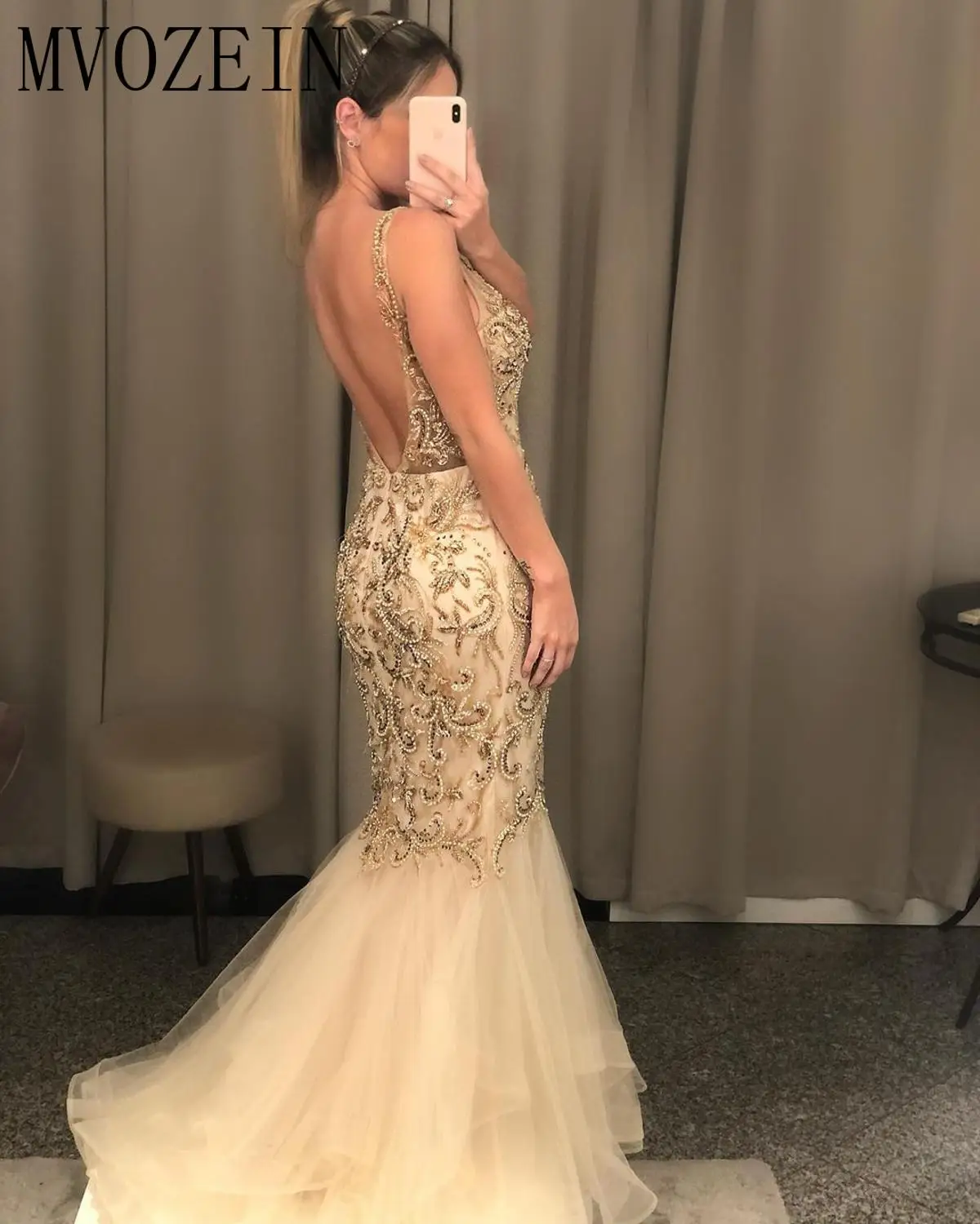 Mvozein Gold Mermaid Avond Dersses Kristallen Hand-Kralen Satin Tulle Partij Jassen Lange Avondjurk Formele Gown Abendkleider