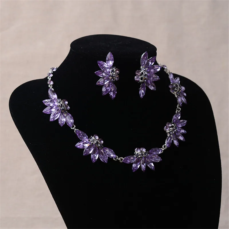 Baroque Purple Crystal Leaf Bridal Jewelry Sets Luxury Rhinestone Choker Necklace Earrings Set Wedding Dubai Jewelry Set Bijoux