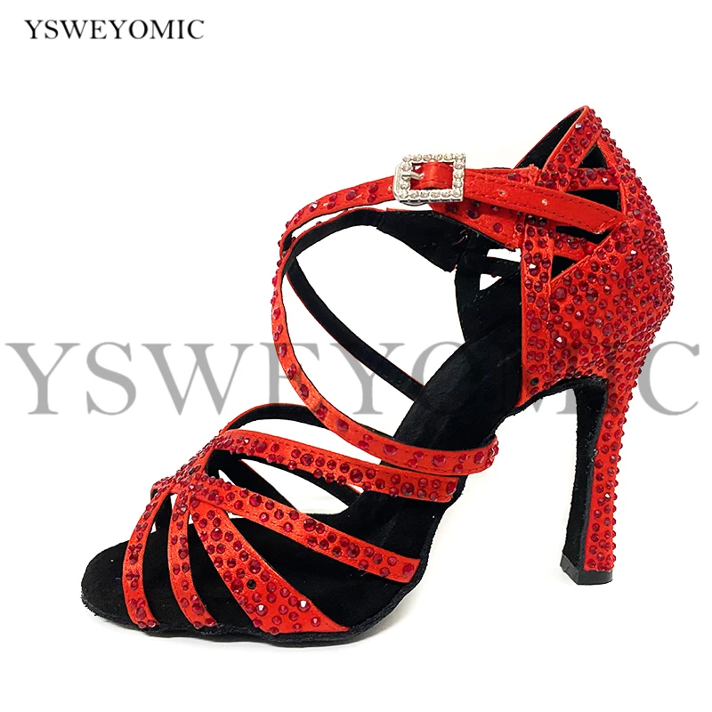 

Dancing Shoes In High Heel 10cm Customized Color Red Blue Green Satin With Crystal Women Latin Salsa Shoes Indoor Free Shipping