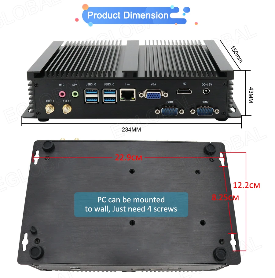 Fanless Industrial X86 Mini PC i7-8565U i5-8250U 7*24 Working 2*RS232 HDMI VGA 1*Lan 7*USB WiFi Aluminum Rugged Itx Computer