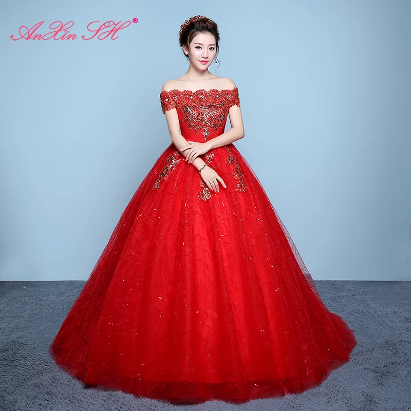 

AnXin SH flower lace red wedding Dress princess vintage sparkly boat neck illusion crystal flower white lace bride wedding dress