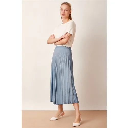 Pleated High Waist Midi Women Skirt Blue Coupon Kampnaya New Fashion