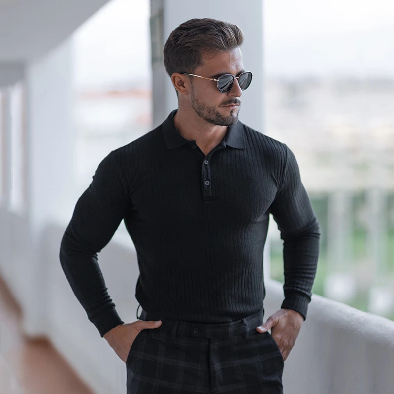 Autumn Gym Clothing Mens Knitted Long Sleeve Polo Shirt Skinny Fitness T-shirt Male Workout Bodybuilding Tee Shirt Sports Polos image 4