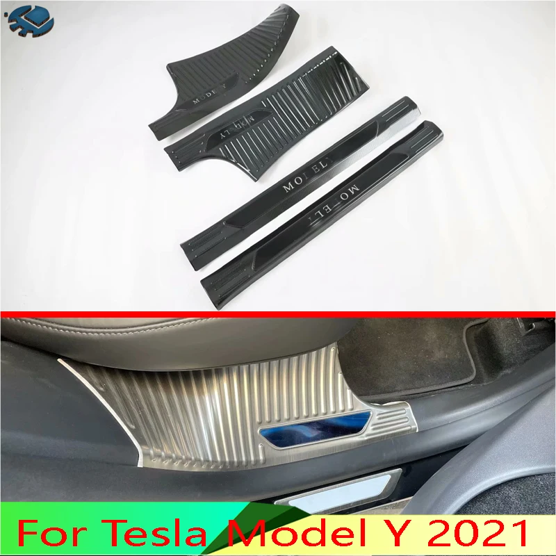 For Tesla Model Y 2021 Car Accessories Stainless Steel Inner Inside Door Sill Panel Scuff Plate Kick Step Trim Cover Protector