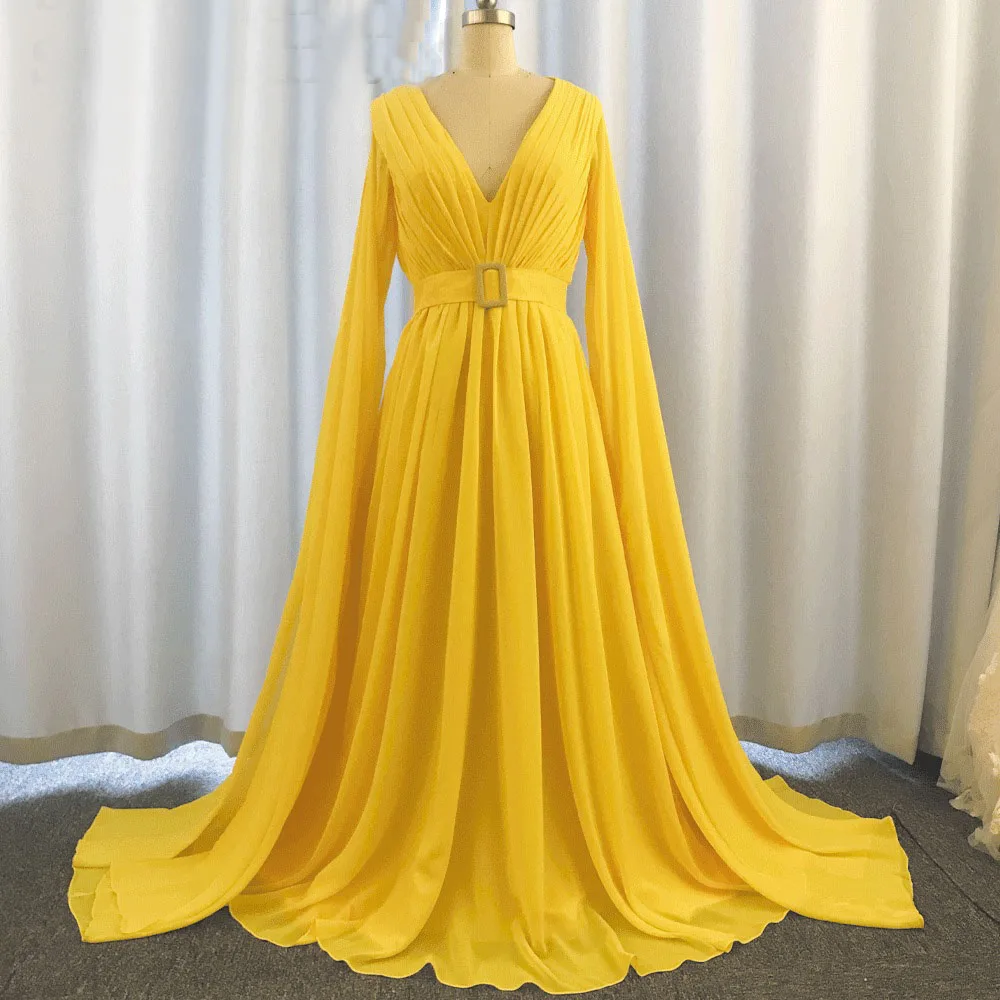 Glamorous Yellow Chiffon Formal Prom Dress V Neck Long Cap Sleeves Back Zipper Blet Evening Gown A-line robes de soirée платье