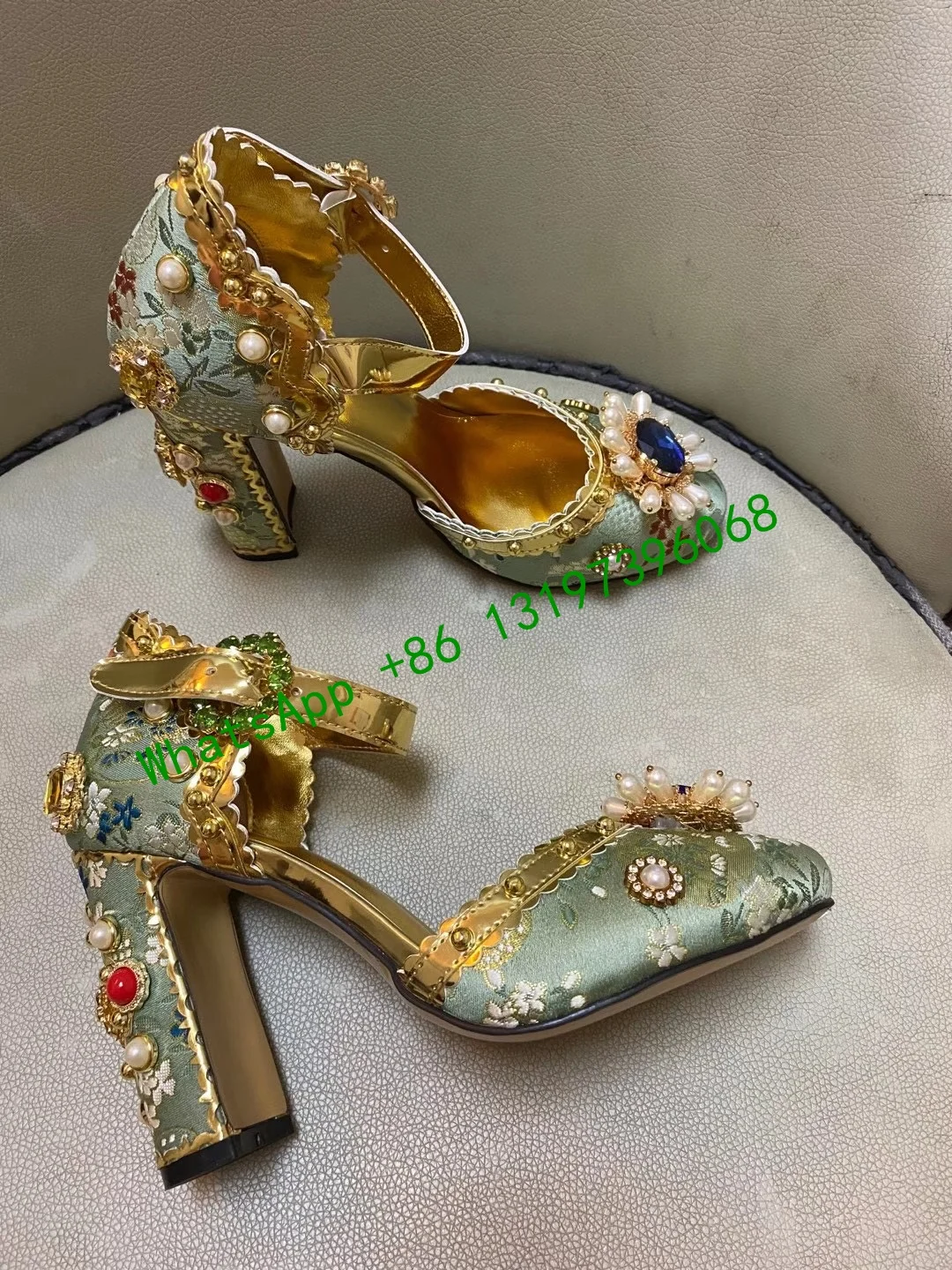 Classic gold ladies buckle square heel high heels pearls bling bling luxury high heels diamonds pointed high heels banquet shoes