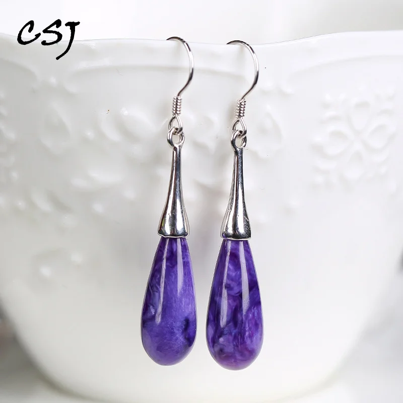 CSJ Natural Charoite Earrings Sterling 925 Silver Water Drop Gemstone for Women Engagment Party Christmas Handmade Jewelry Gift