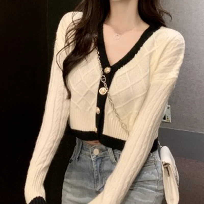 Cardigan Women Vintage V-Neck Long Sleeve Twist Knitted Sweater Fall New Ins Contrast Stitching Simple All-match Cropped Clothes