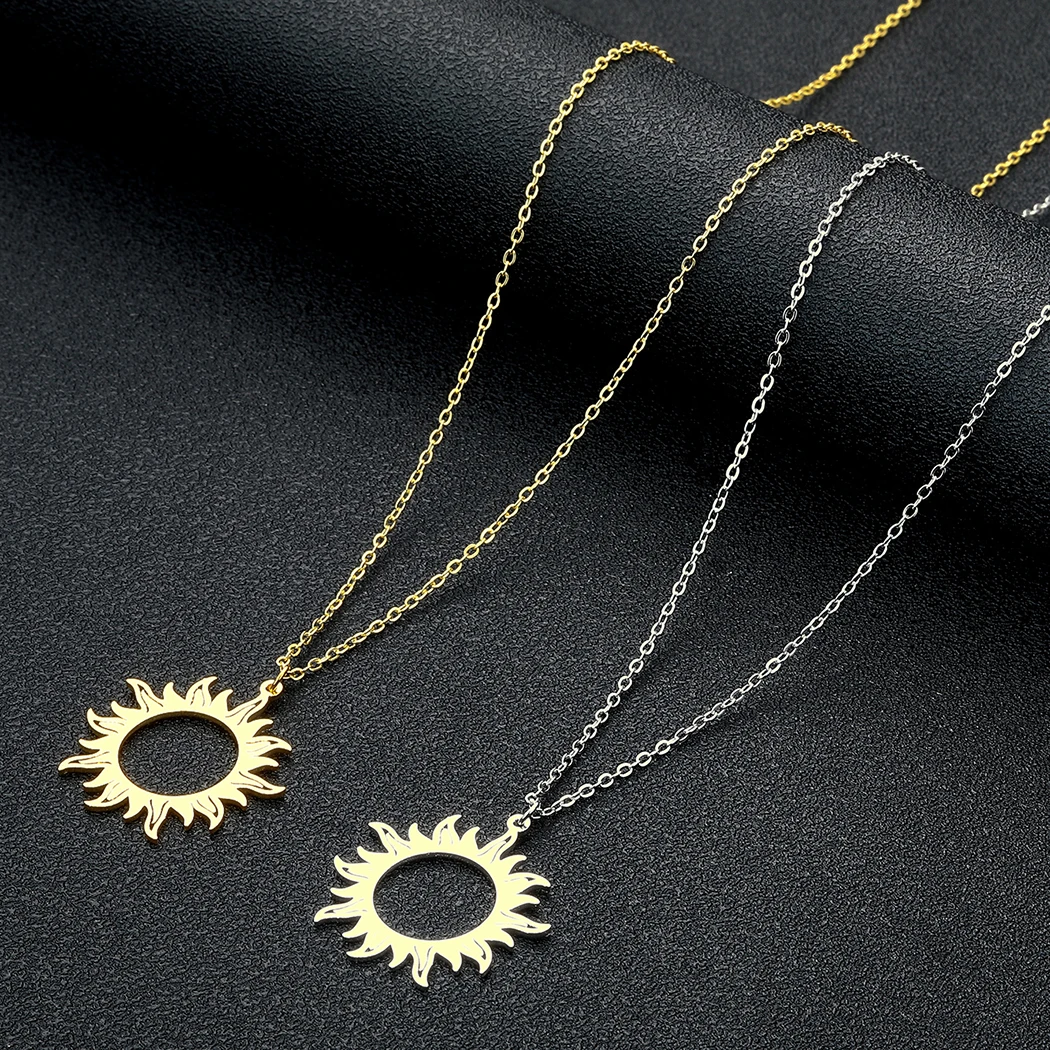 CHENGXUN Hollow Sun Face Circle Pendant Necklace for Women Girls Stainless Steel Laser Cut Tribal Sun Charm Chain Party Jewelry