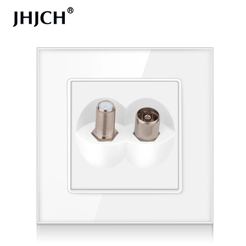 JHJCH TV socket, female connector with satellite output, tempered crystal glass panel, 4 colors, white, black, gray, gold