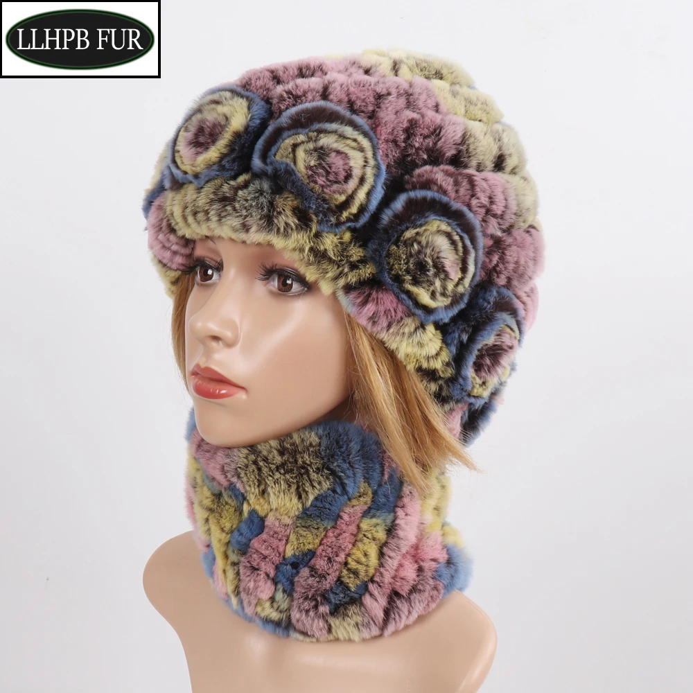 Conjunto de bufandas y sombreros de piel auténtica para mujer, gorro de piel de conejo Rex auténtica, bufanda de piel Natural, conjuntos de silenciadores, invierno, 2024