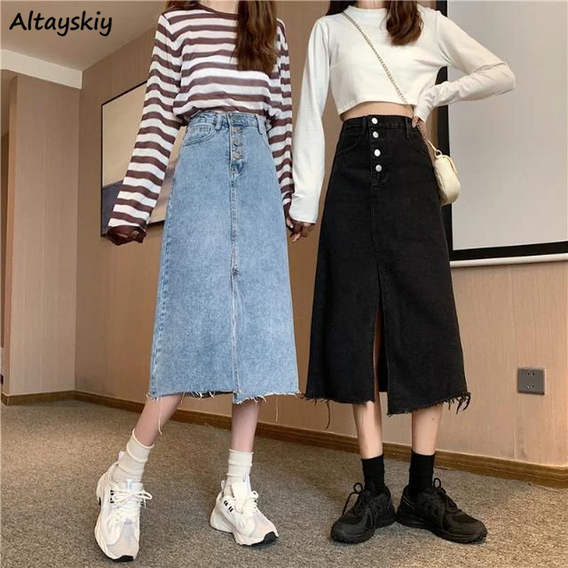 

Simple Women Skirts Casual Mid-calf Slim A-line Tassel High Waist Denim Fashion All-match Students Street Comfort Girls Bottom