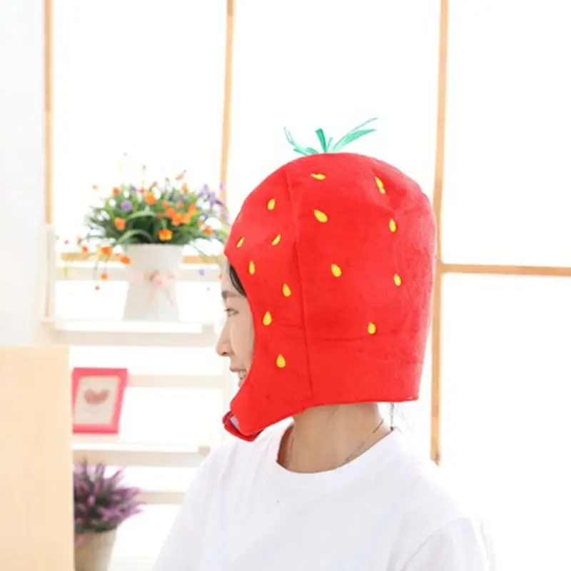 Japanese Sweet Women Girls Funny Strawberry Plush Hat Embroidery Fruits Hood Mask Party Cosplay Costume Photo Props