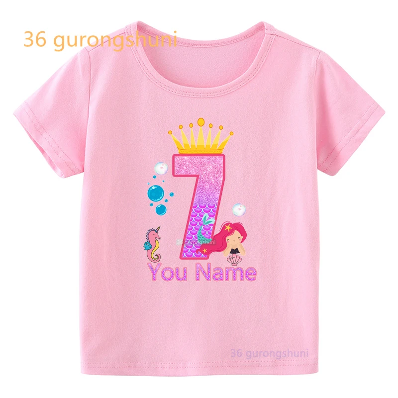 Tshirt Girl 3 4 5 6 8 year Mermaid Cartoon T Shirt Happy Birthday Girls Tops Kids Clothes Shirts children Clothing Pink T-shirts