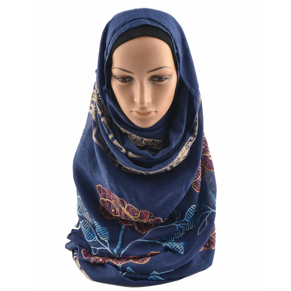 Winter Muslim Women Sjaals,Cotton Floral Embroidery Tassel Scarf Hijab With Rhinestones,Glitter Oversize Head Scarves Wrap Shawl