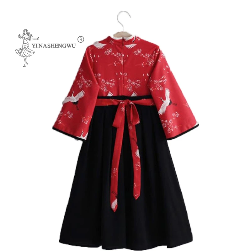 Little Girl Baby Crane Print Robe Set Japanese Girl Dress Kimono Costume Child Floral Embroidery Tops Skirt Kids Yukata Clothes