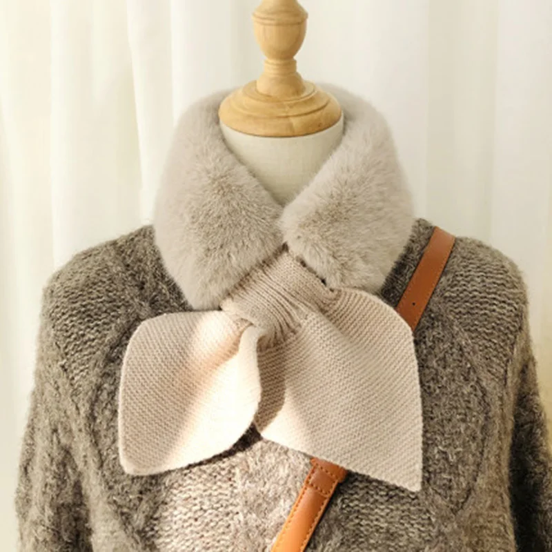 Korean Women Bow Knit Wool Warm Scarf Winter Faux Rabbit Fur Thicken Windproof Cross False Collar Neck Guard Plush Shawl O77