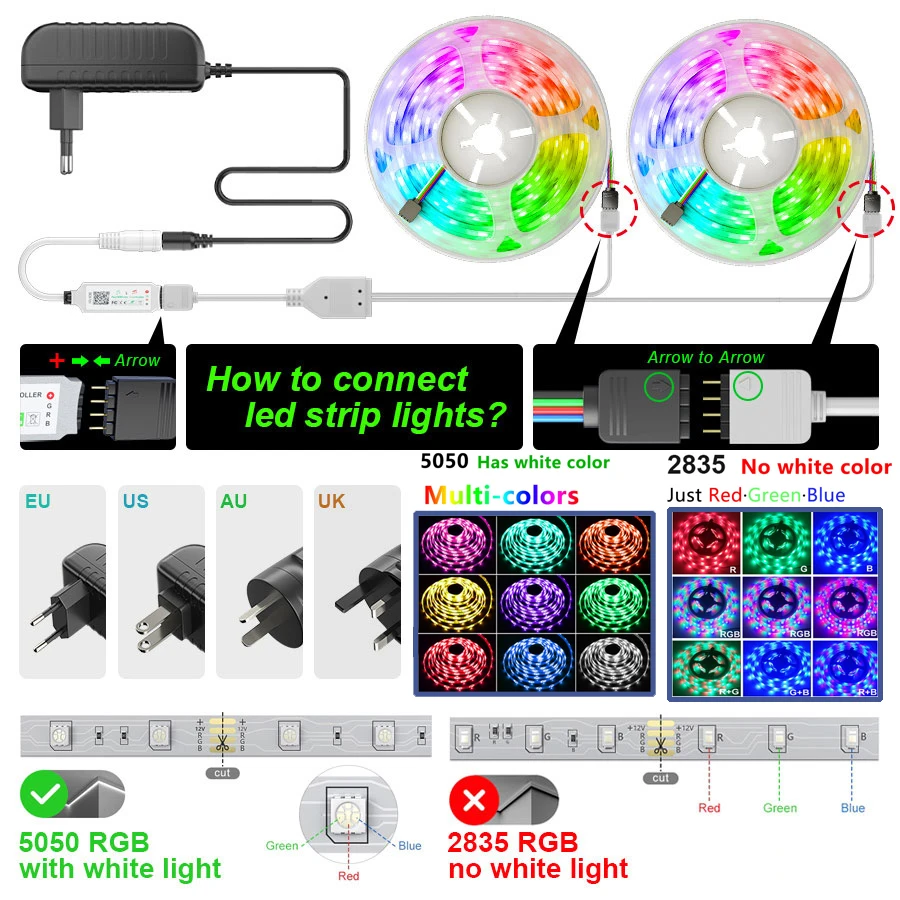 20M 50ft Tuya Wifi LED Strip 12V 5m Work with Alexa Google Assistant Bluetooth Control RGB 5050 Tape Ribbon Neon Light for Room