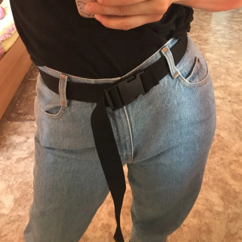 Women Men Unisex Canvas Belts Casual Female Plastic Buckle Tactical Waist Belts Harajuku Solid Color Long Black Jeans Waistband